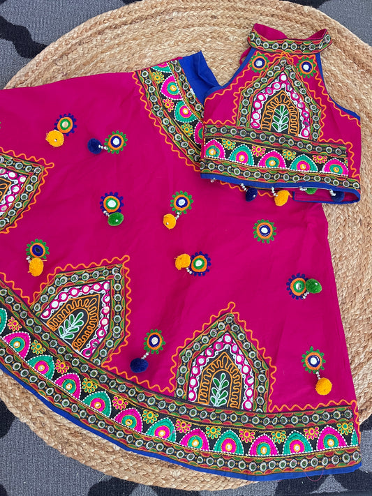 Girls Pink mirror work halter neck chaniya choli lehenga