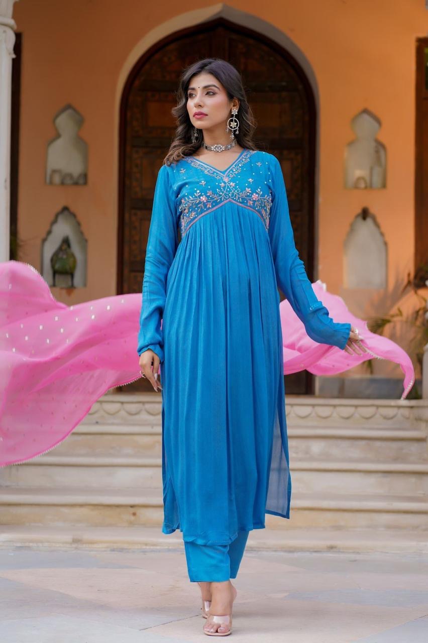 Sky Blue and pink handwork alia cut suit