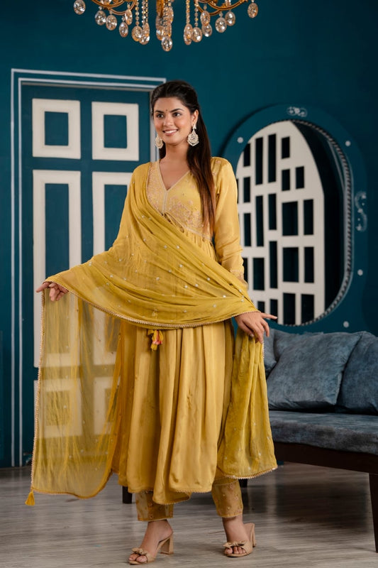 Yellow zari and sequin work alia cut kurta set