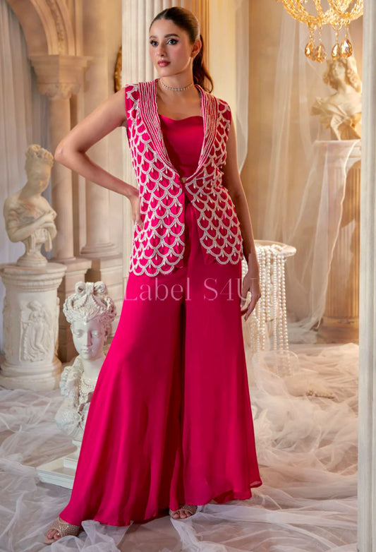 Hot pink heavy handwork formal jacket sharara co-ord set