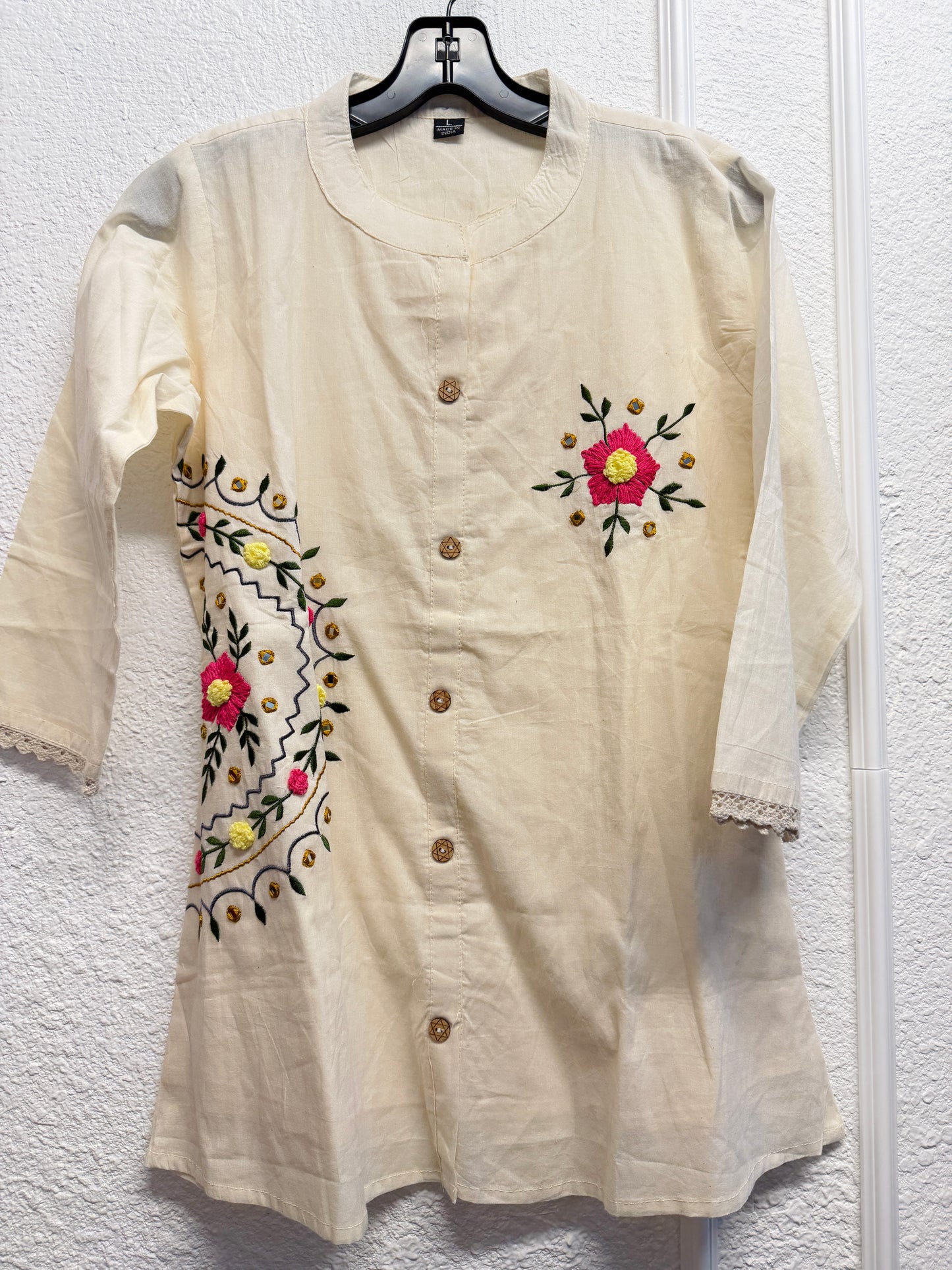 Off white cotton short kurti with embroidery and mirror work