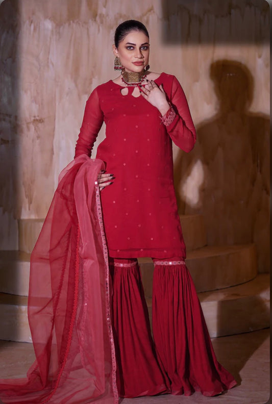 Red elegant chiffon sharara suit