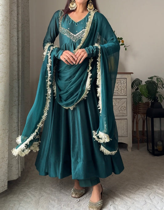 Teal wide flare anarkali kurta set