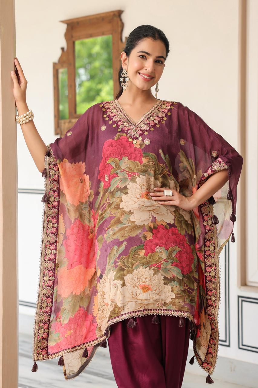 Wine floral kaftan set