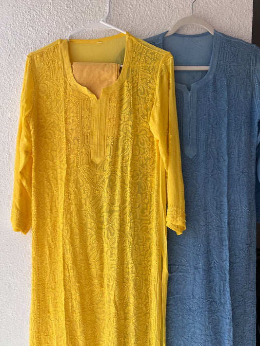 Yellow pure viscose premium chikankari kurti with lining