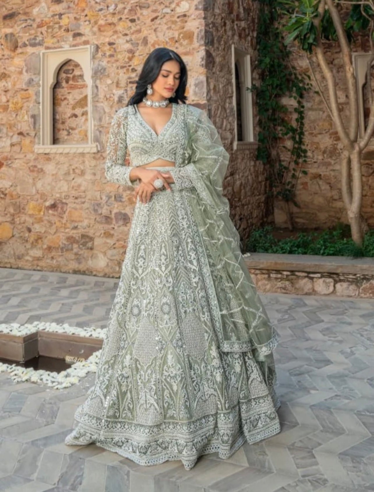 Pista Green heavy embroiderey and mirror bridesmaid moon lehenga