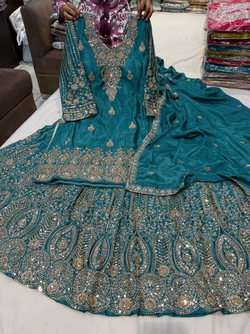 Teal very heavy handwork sharara suit
