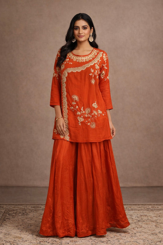 Rust orange short top with divider sharara pants