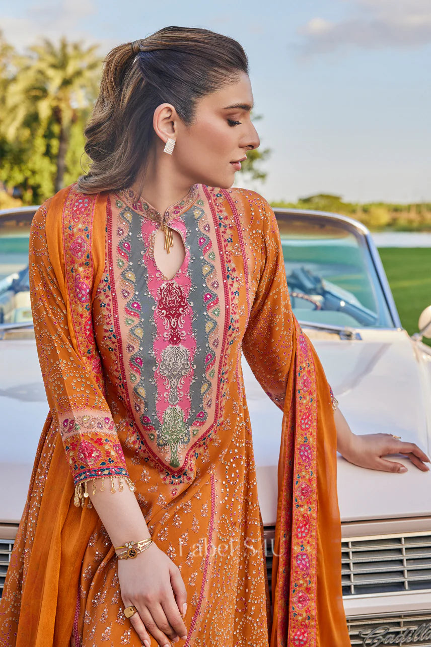 Orange crepe high neck long suit