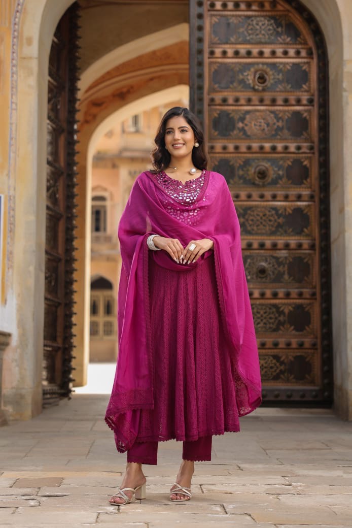 Dark pink real mirror work anarkali kurta set