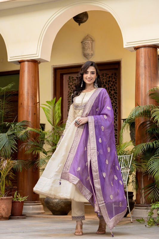 Off white and purple beautiful anarkali kurta set