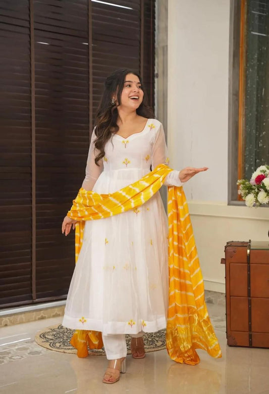 White georgette anarkali kurta set with leheriya dupatta