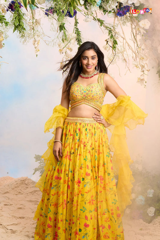 Yellow floral lehenga with ruffle dupatta