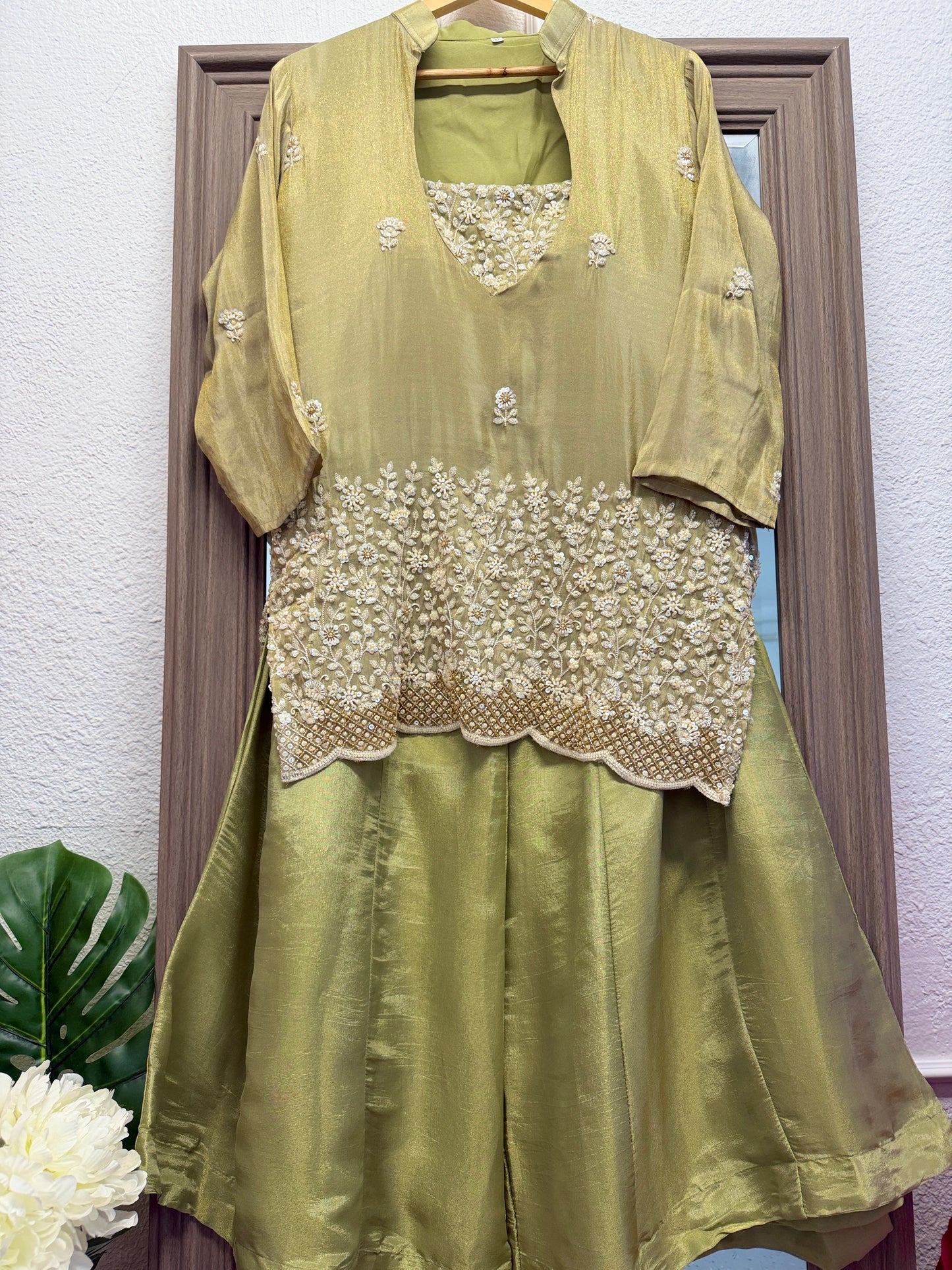 Pistachio heavy handwork crop top palazzo and jacket set partywear