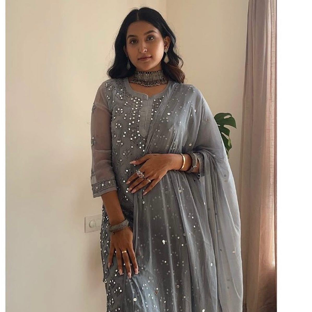 Grey mirror work chikankari suit