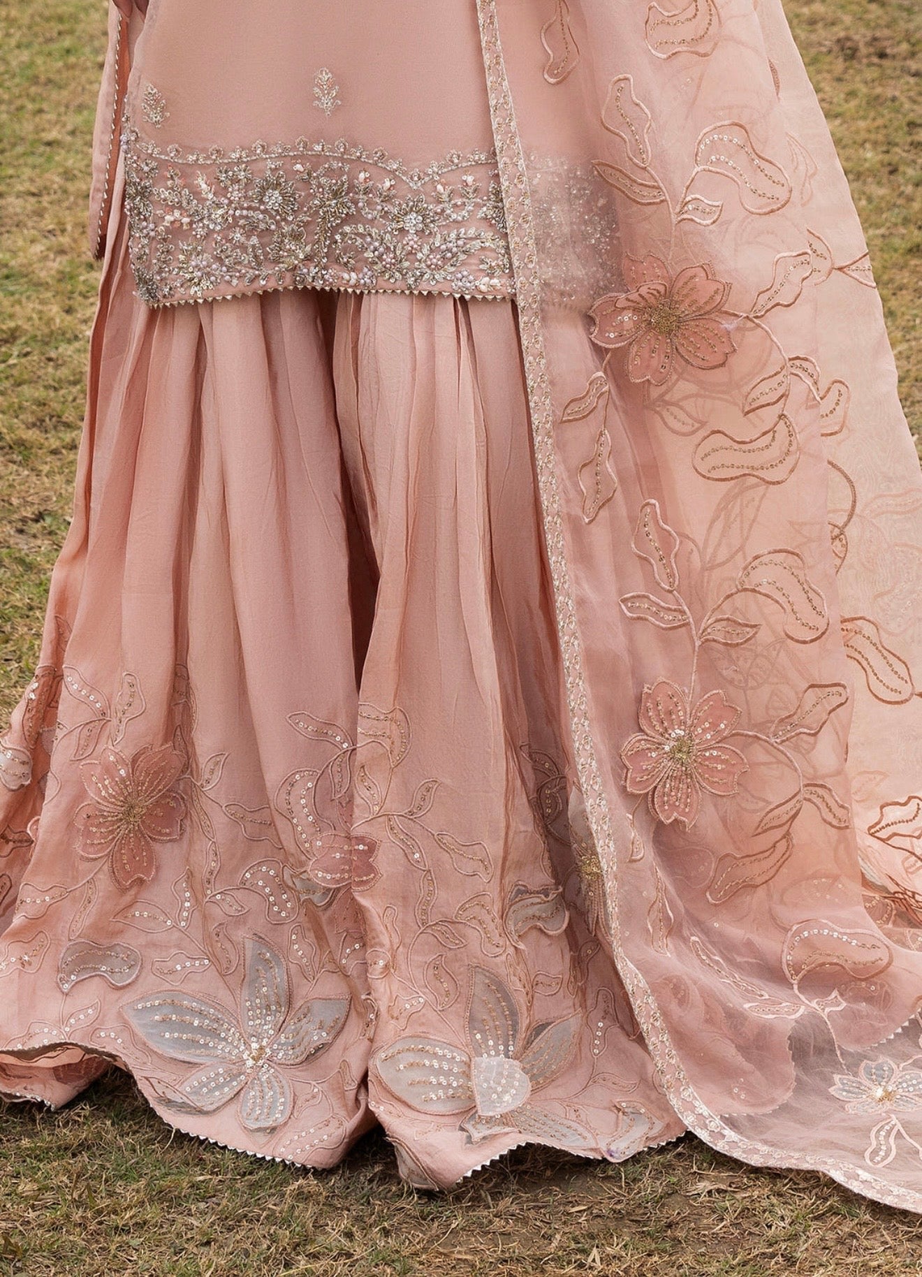 Baby pink heavy handwork sharara suit