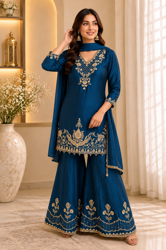 Blue beautiful handwork sharara suit