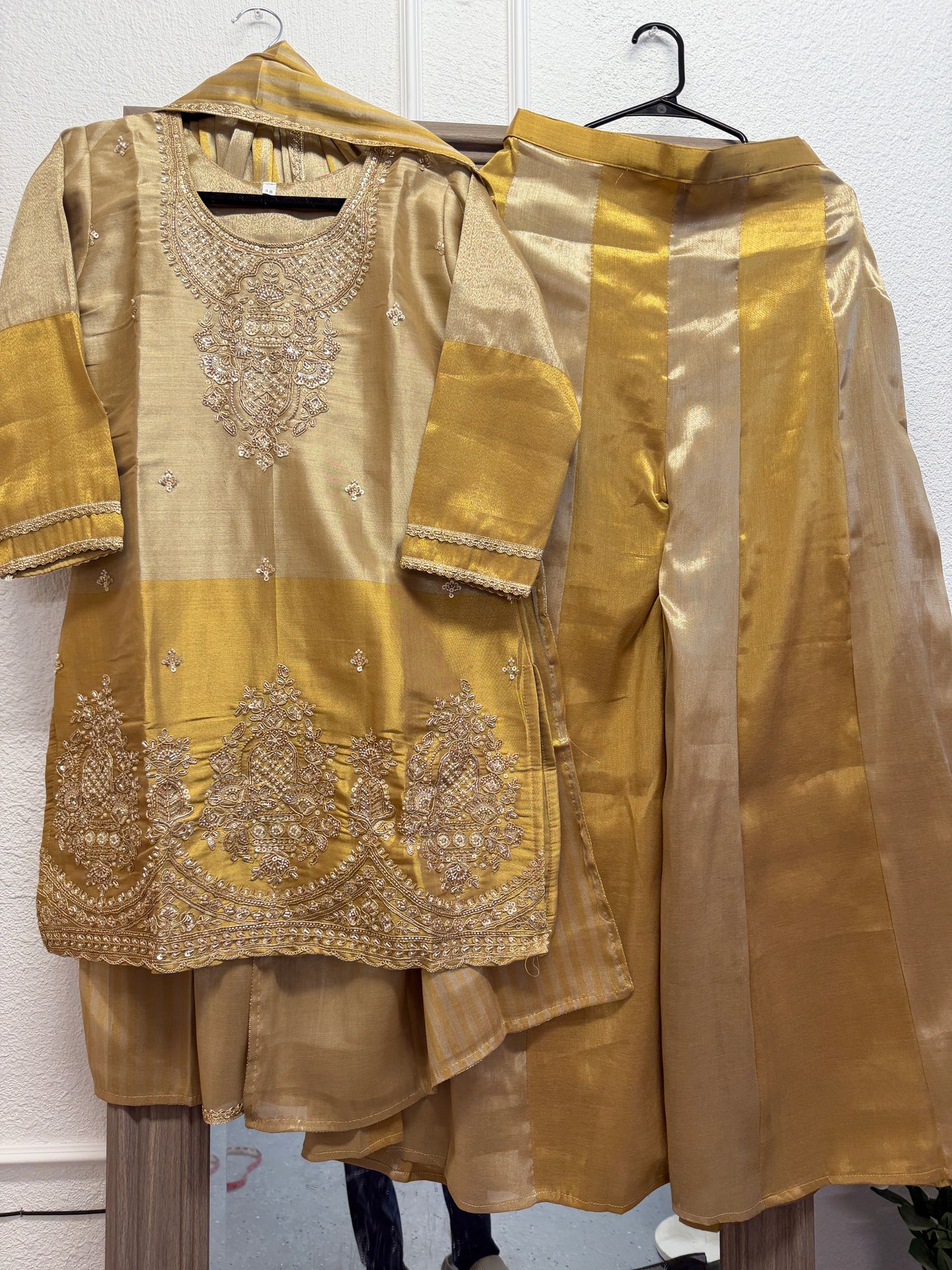 Gold handwork Tissue silk short top sharara suit