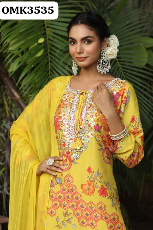 Yellow heavy gota work muslin sharara suit