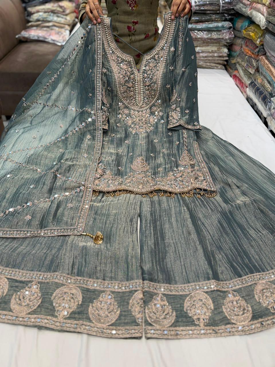 Grey heavy handwork mirror work partwear sharara suit