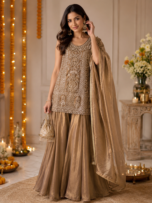 Brown heavy handwork fendy silk sharara suit