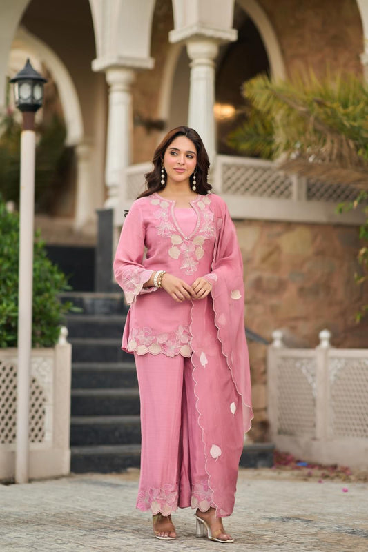 Pink elegant premium chanderi silk short top kurta set