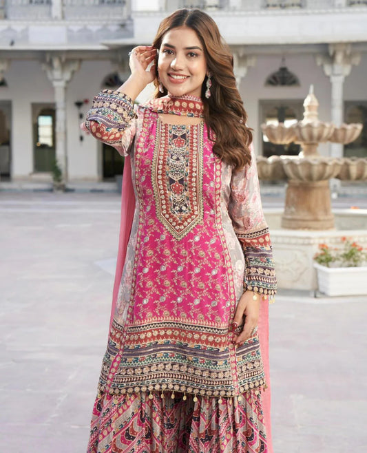 Pink pure crepe peplum stylish sharara set