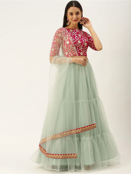 Dark pink and green ruffled lehenga choli and dupatta