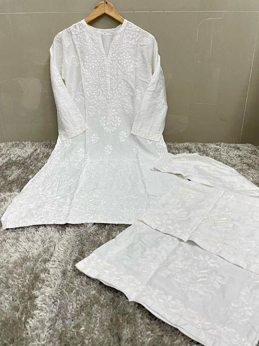 White chikankari premium chanderi kurta palazzo set
