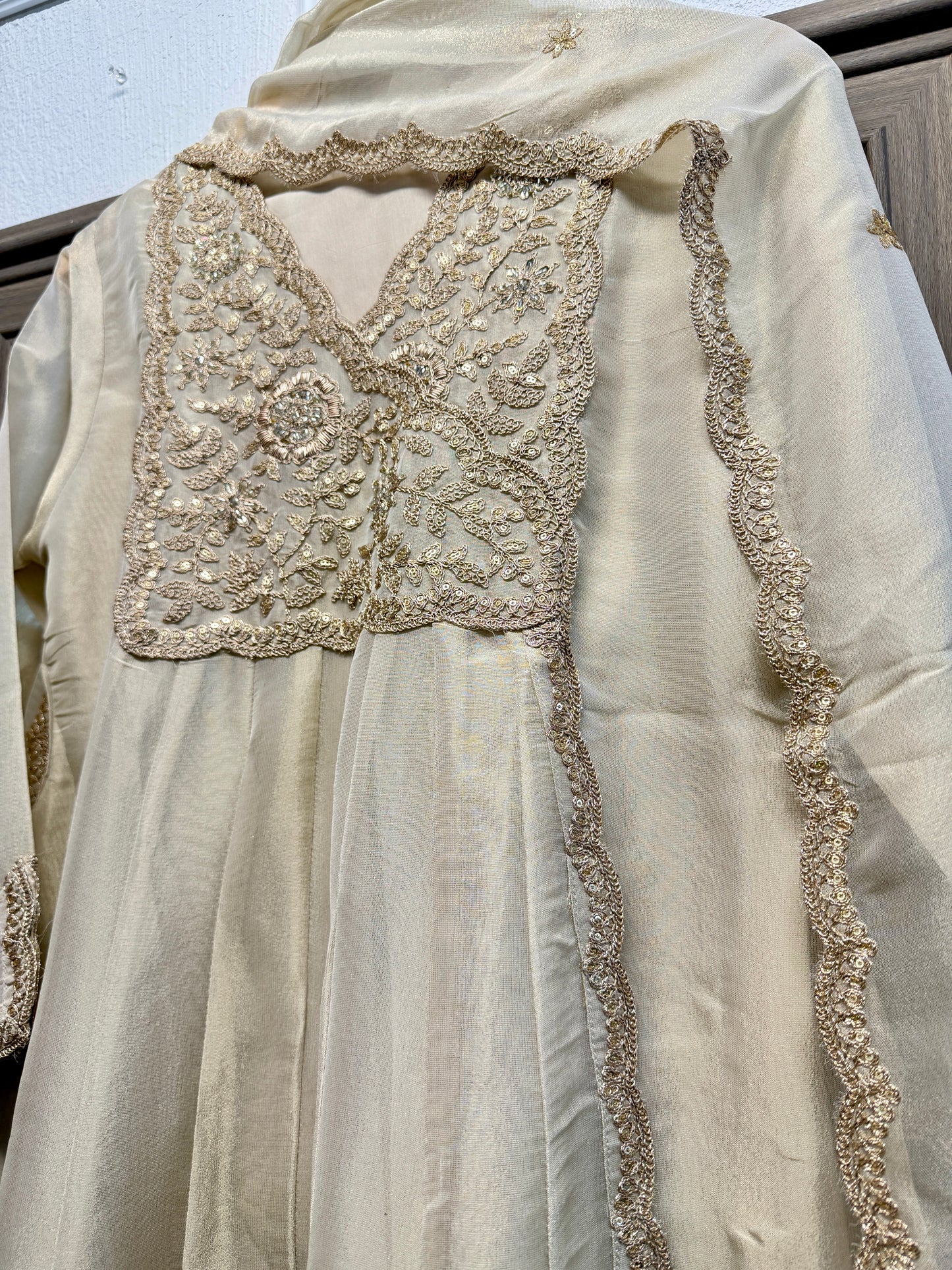 Ivory gold pure tissue elegant A line kurta set