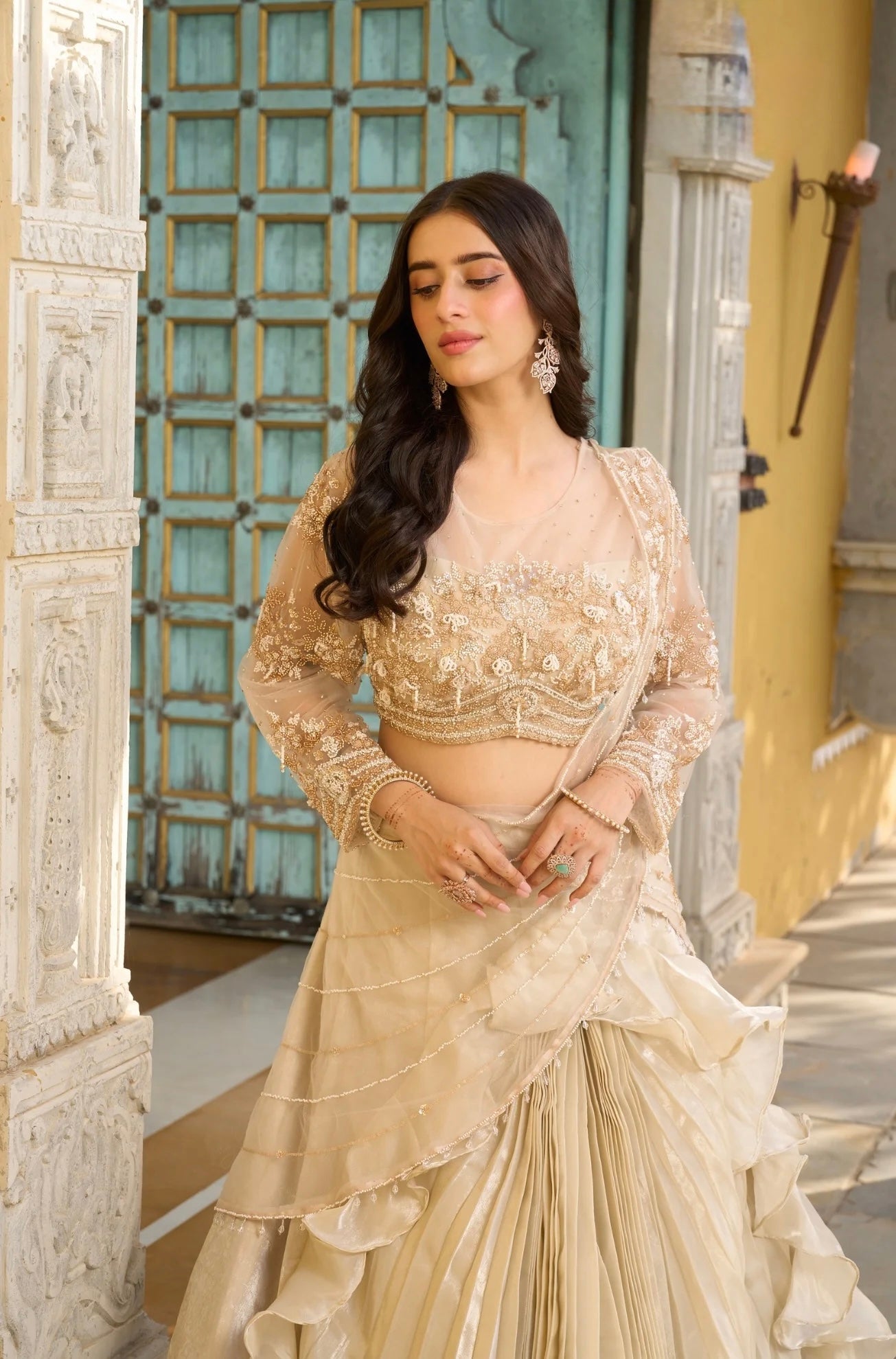 Gold stunning handwork ruffled saree lehenga