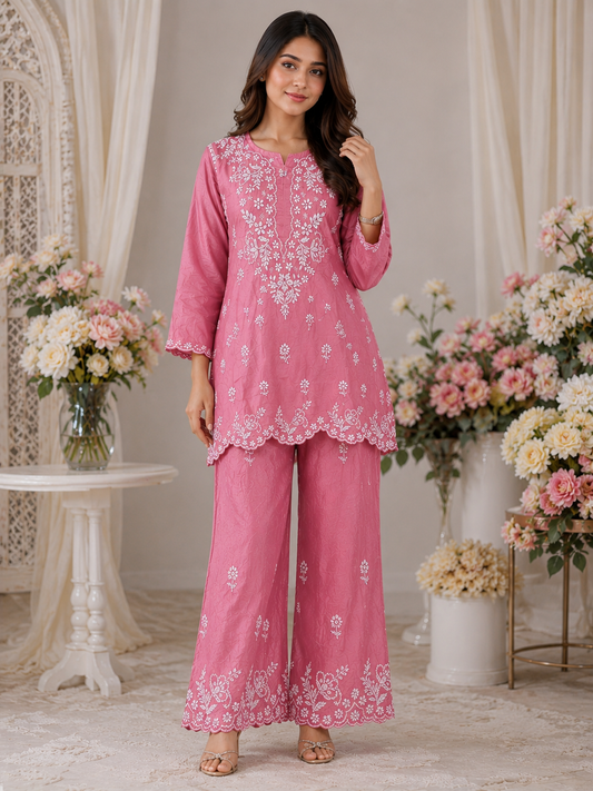 Pink Elegant chikankari premium chanderi short top palazzo set