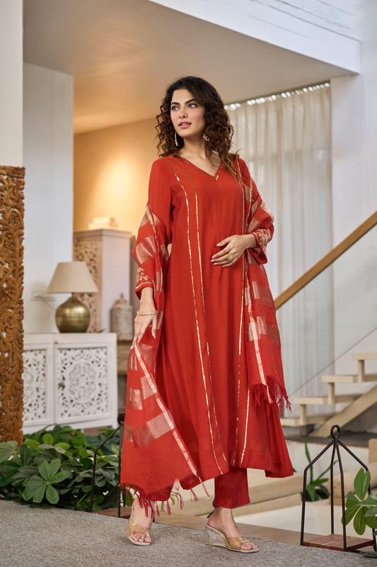 Rust orange pure mul chanderi handwork suit