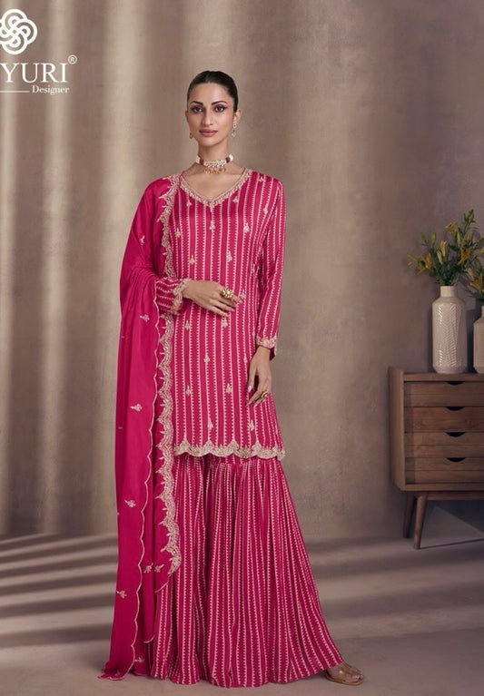 Hot pink zari and sequence work sharara suit