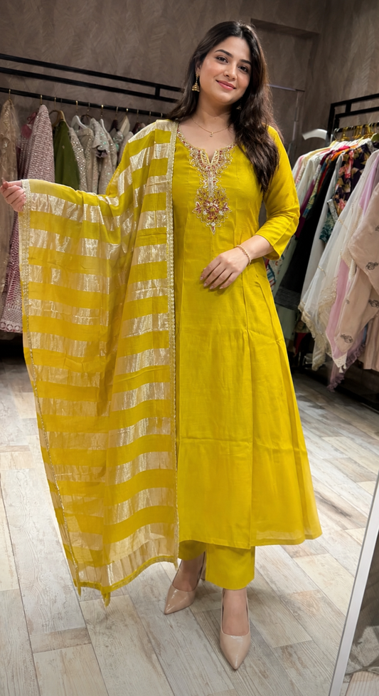 Yellow beautiful A-line suit with tissue dupatta