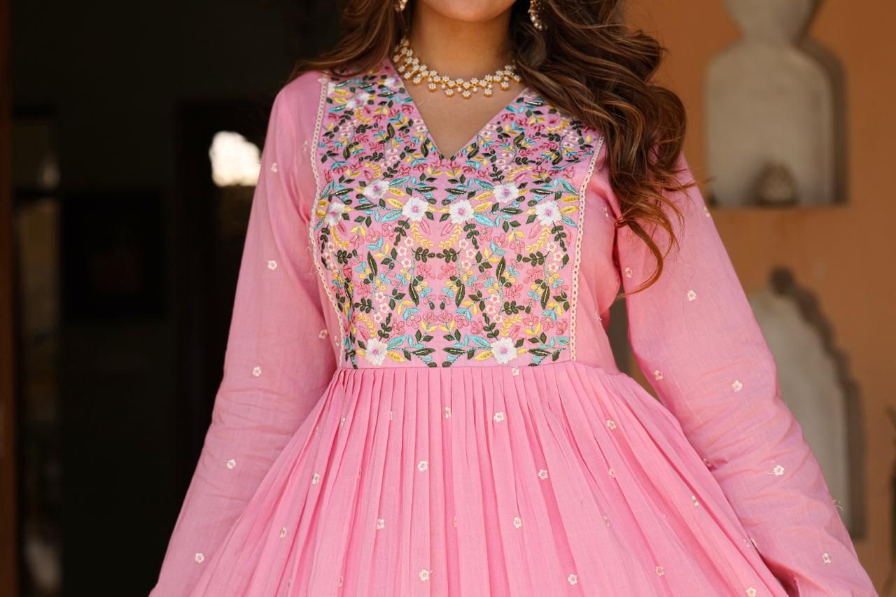 Pink beautiful embroidered suit with hand painted dupatta