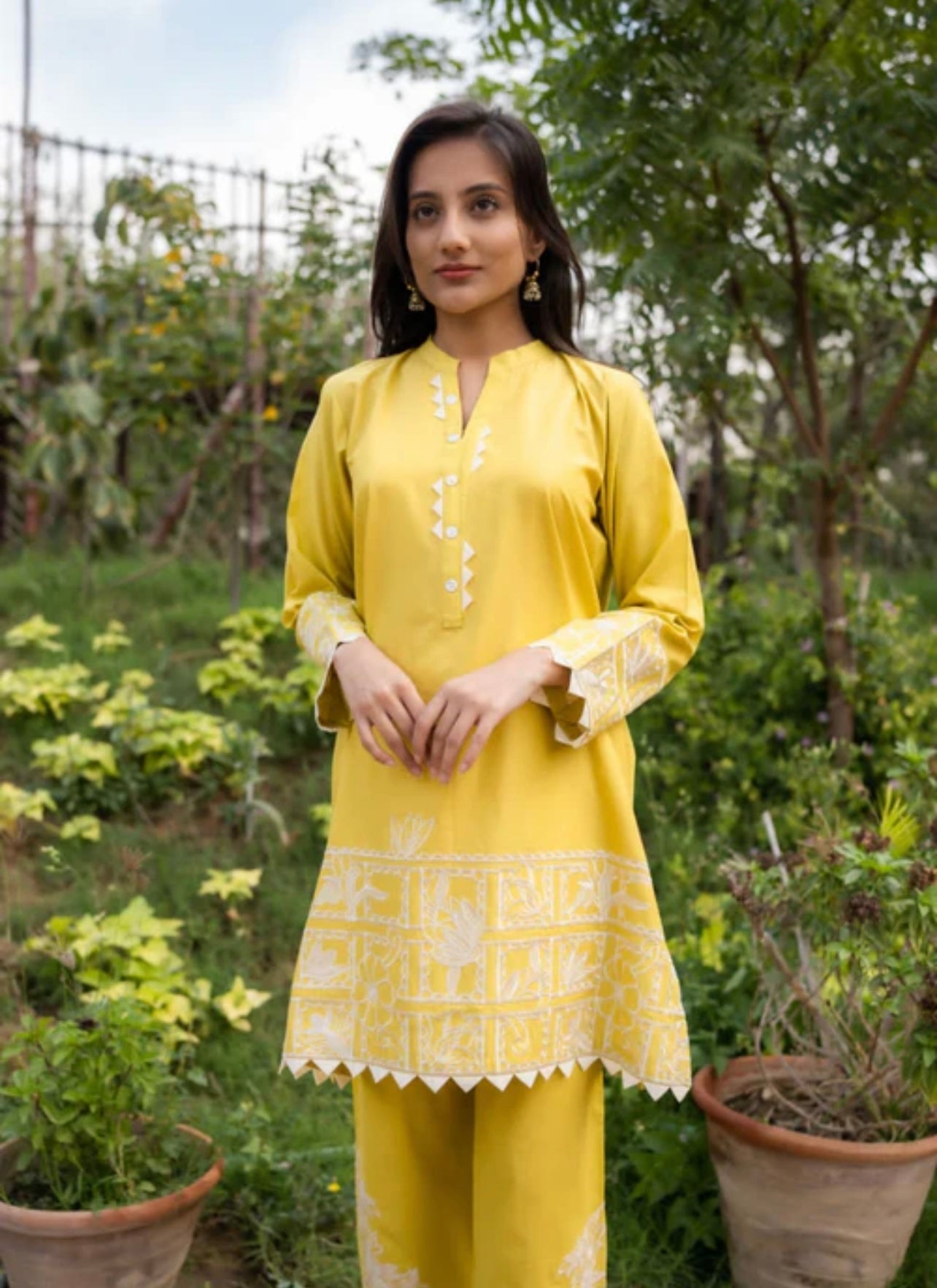 Yellow beautiful pakistani style embroidered shirt and pants set