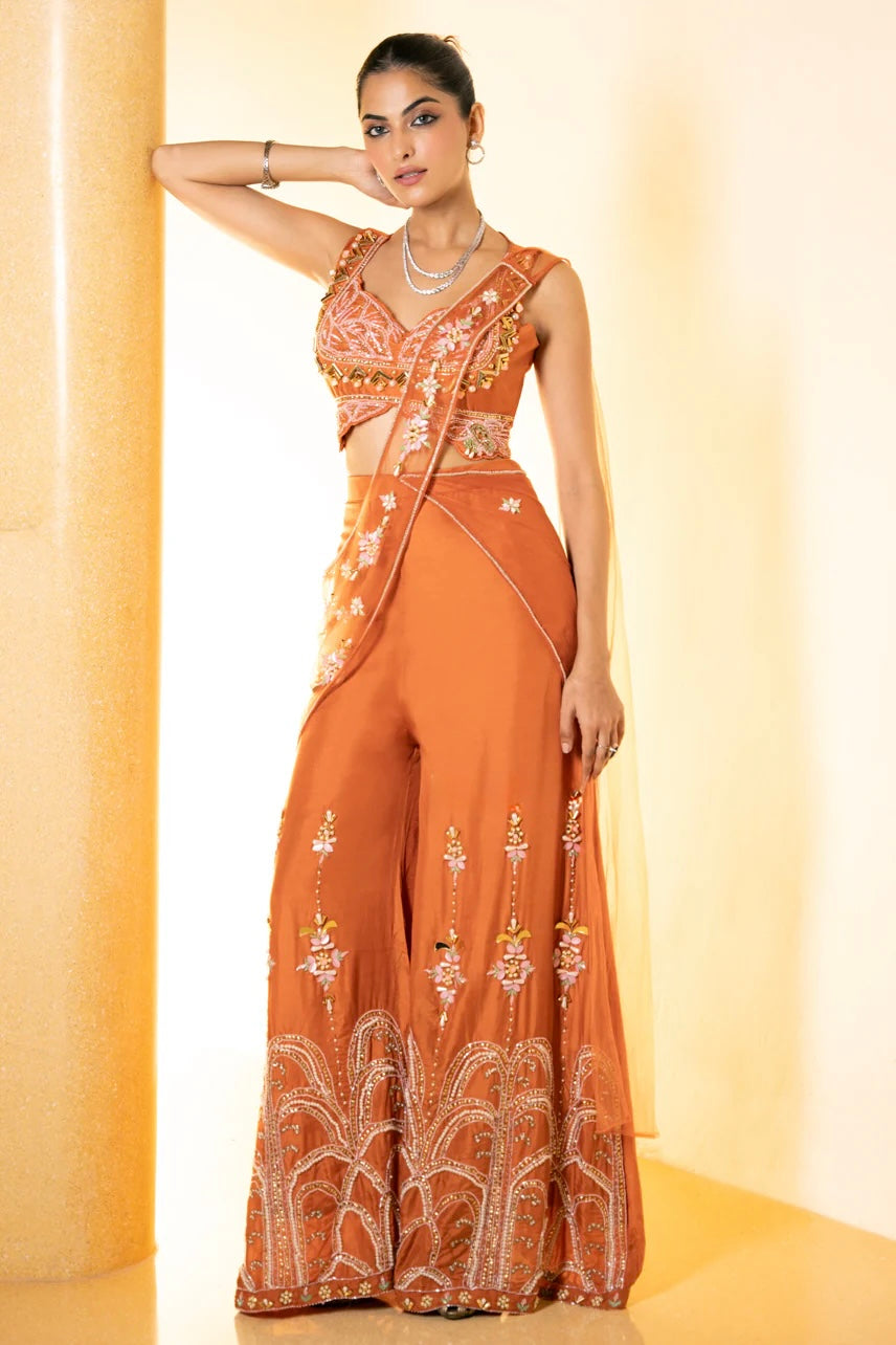 Orange rust heavy handwork indo western