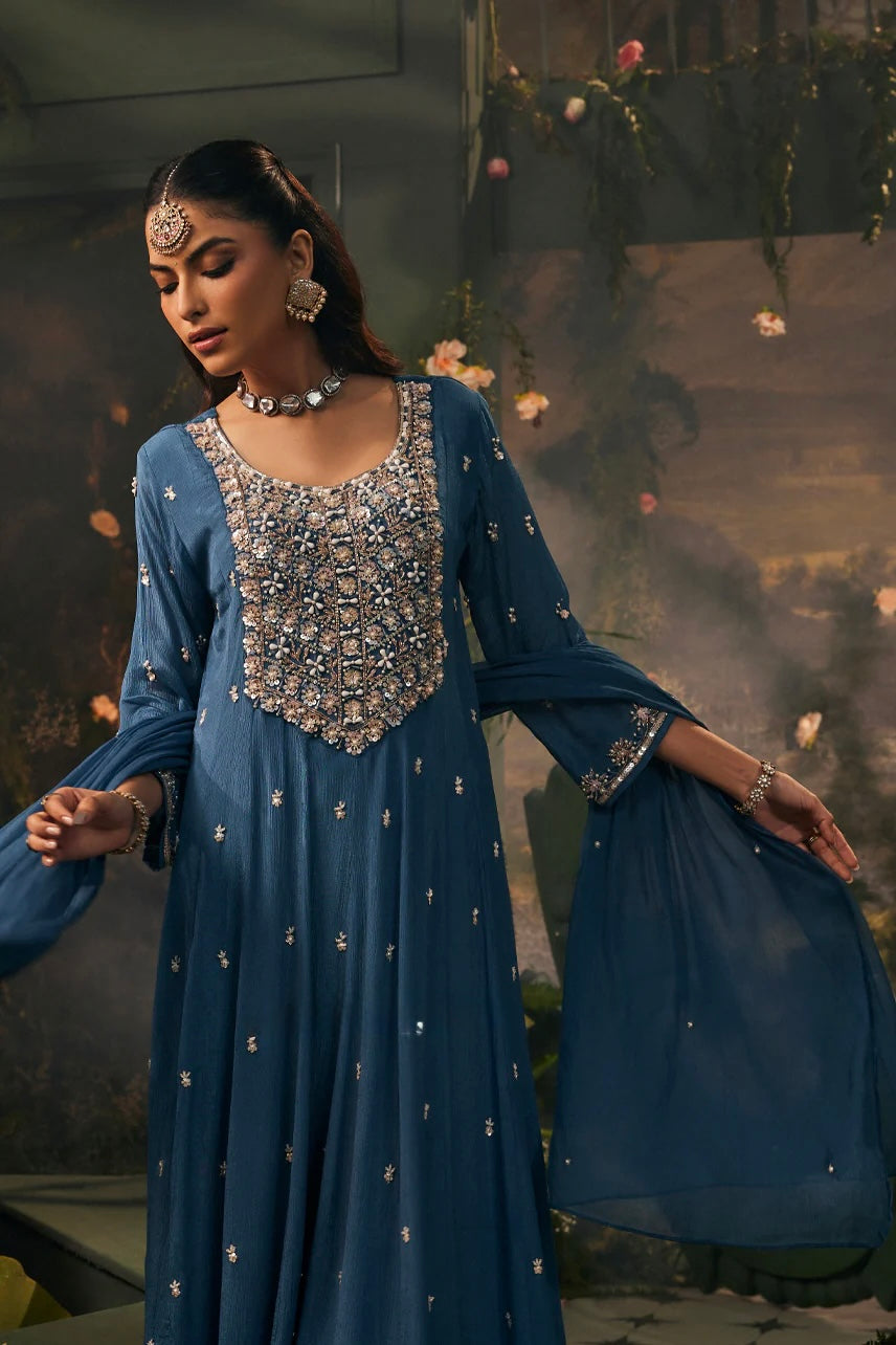 Teal blue pure chinnon hwavy handwork anarkali kurta set