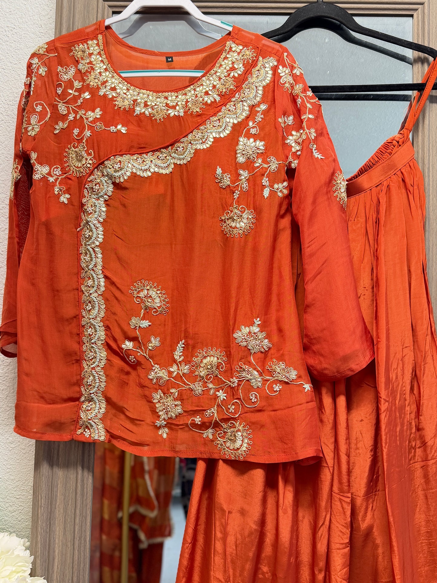 Rust orange short top with divider sharara pants