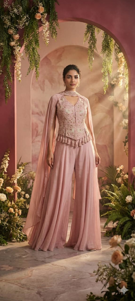 Light Pink corset style handwork indo western crepe divider set