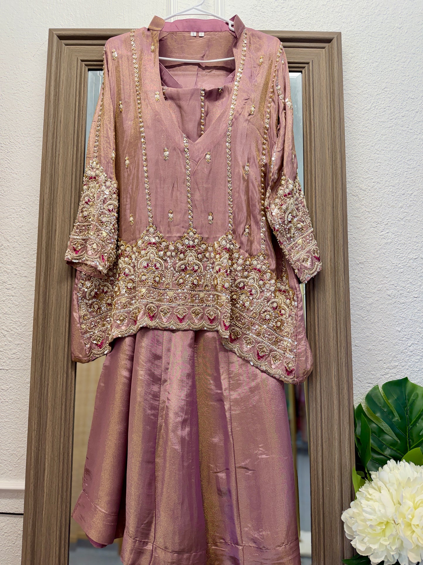 Onion pink tissue heavy handwork bustier style co-ord set