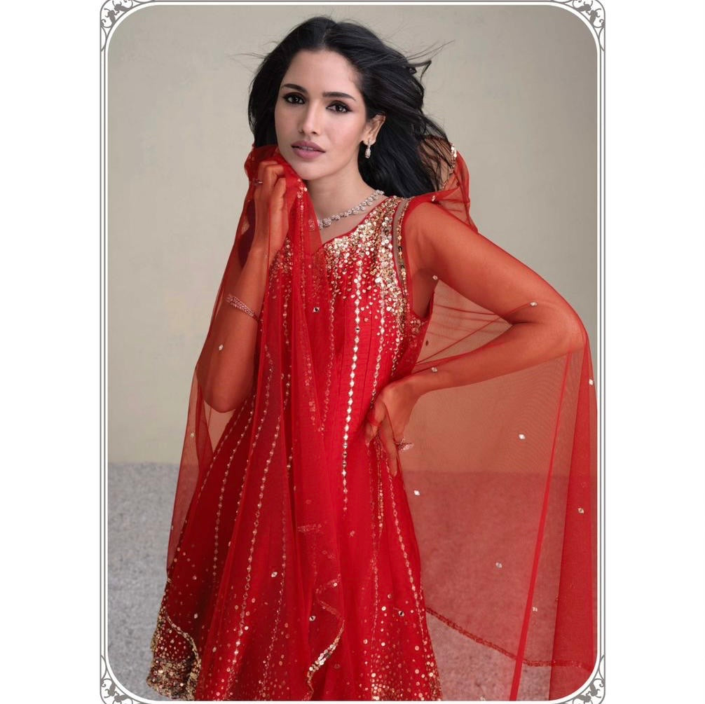 Red Heavy sequence work partywear peplum top and salwar set