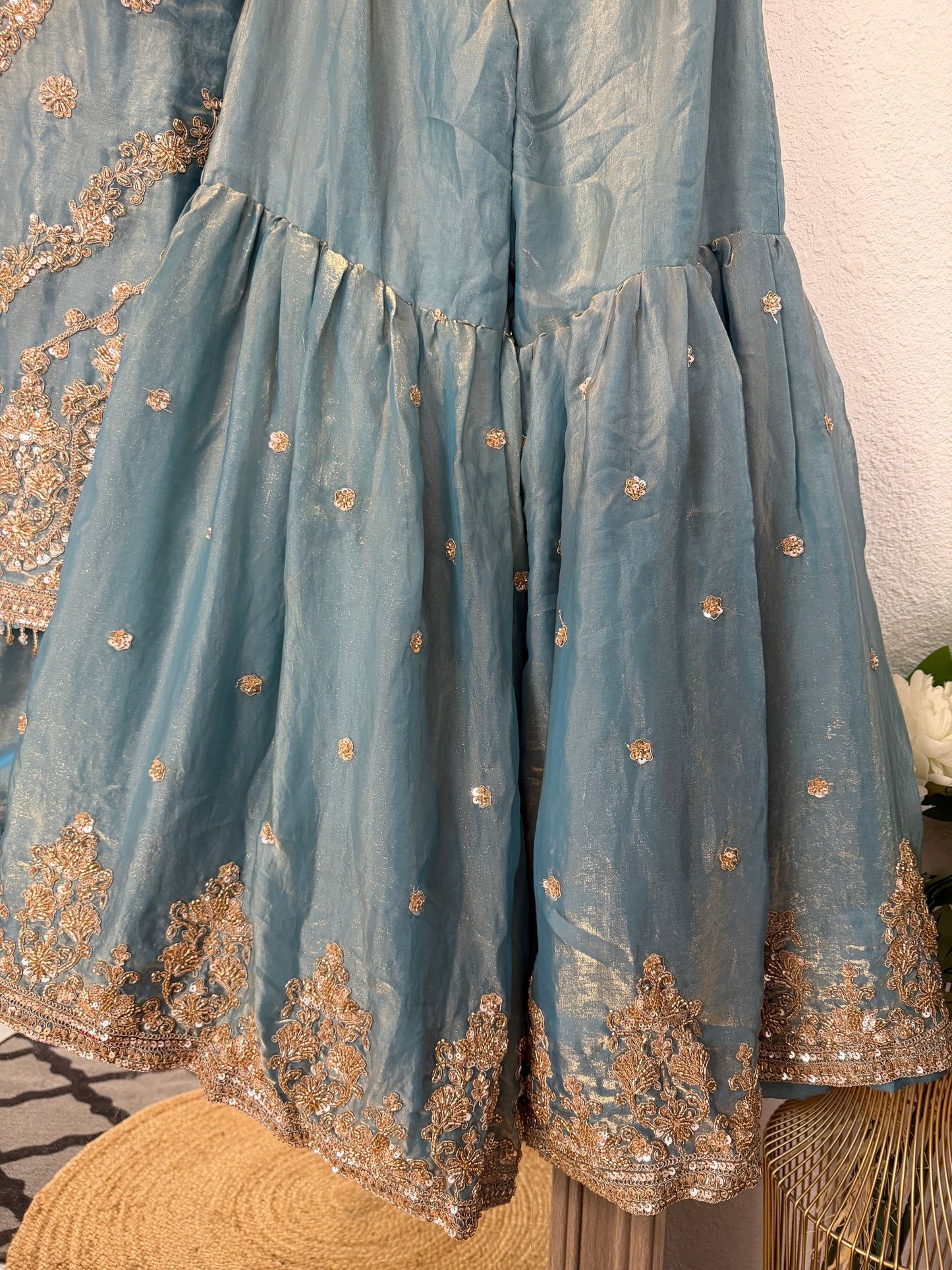 Ice blue heavy handwork fendy tissue sharara suit