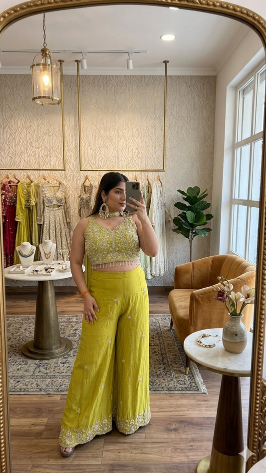 Yellow heavy handwork crop top palazzo neck dupatta