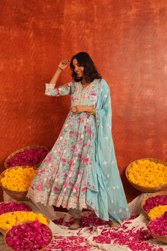 Sky blue elegant floral anarkali suit