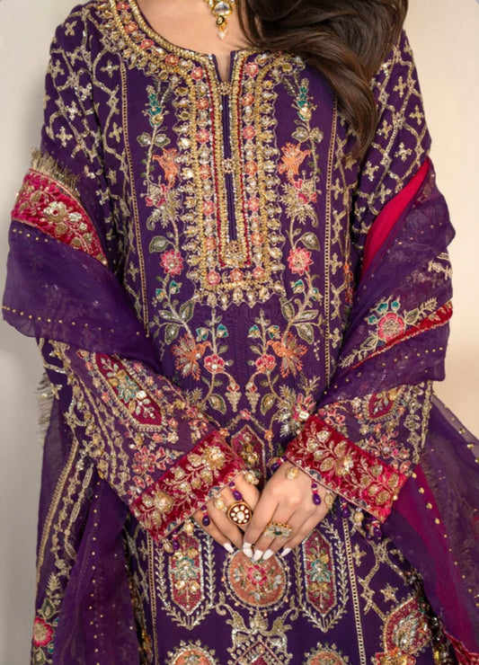 Purple heavy handwork wedding wear sharara suit