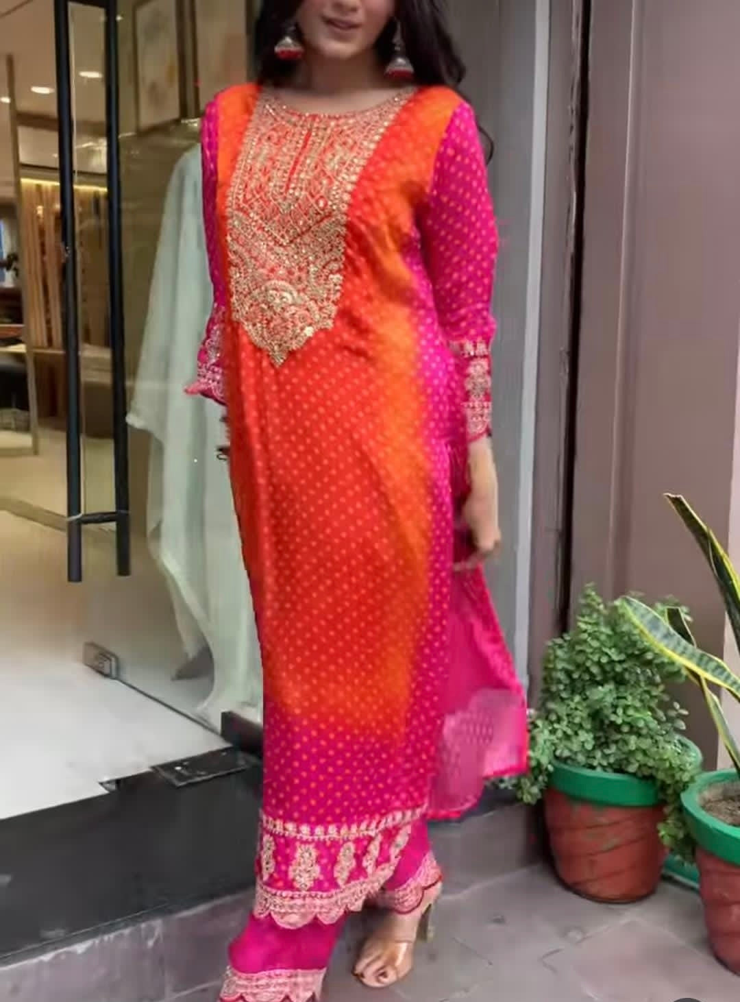 Hot pink and orange mirror yoke festive wear suit