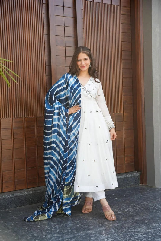 White georgette anarkali kurta set with leheriya dupatta