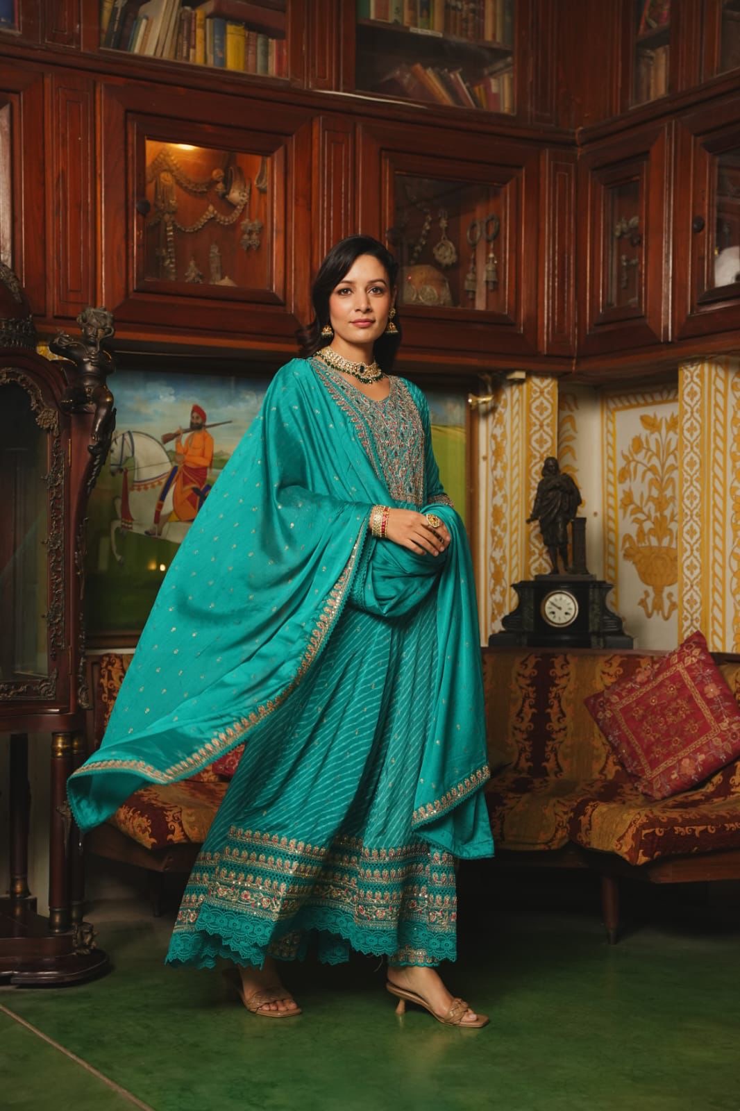 Teal premium chinnon silk anarkali suit with heavy work